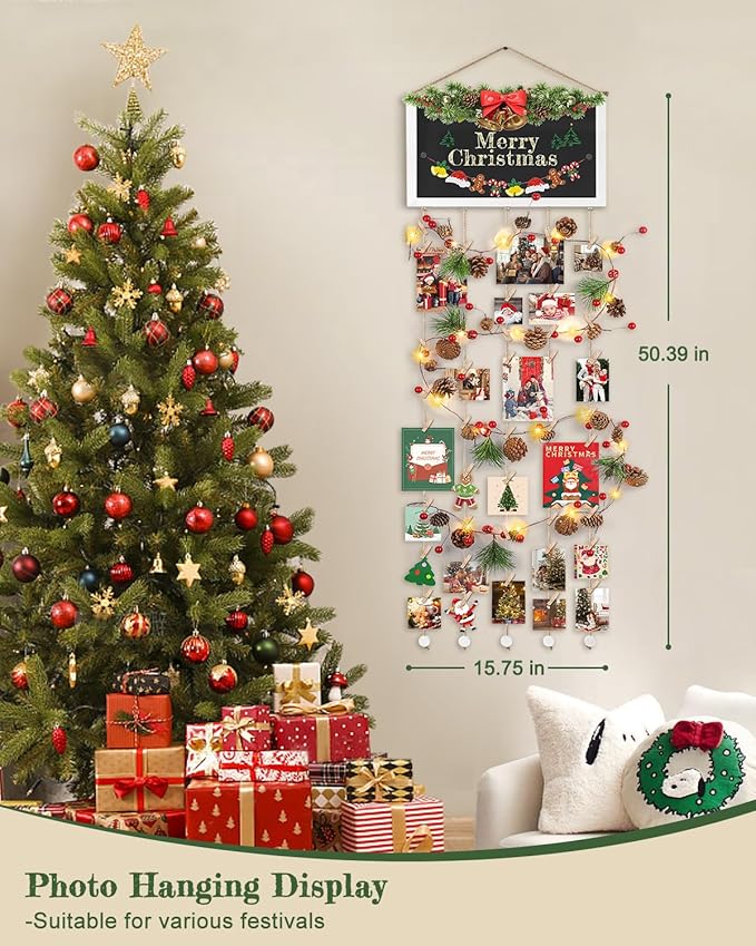 Bikoney Large Picture Board Picture Frames Collage Photo Hanging Display Wood Rustic Frames for Wall Decor and Dorm Room Decor with Blackboard Self Adhesive Hooks No Holes Drilling