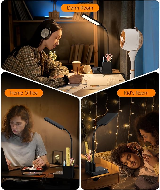 Desk Lamp, COZOO LED Desk Lamps for Home Office with USB Charging Port/Outlet/Organizer,Desk Lamp for College Dorm Eye-Caring Study Light,Gooseneck Table Lamp with Pen Holders/Storage,9 Lighting Modes