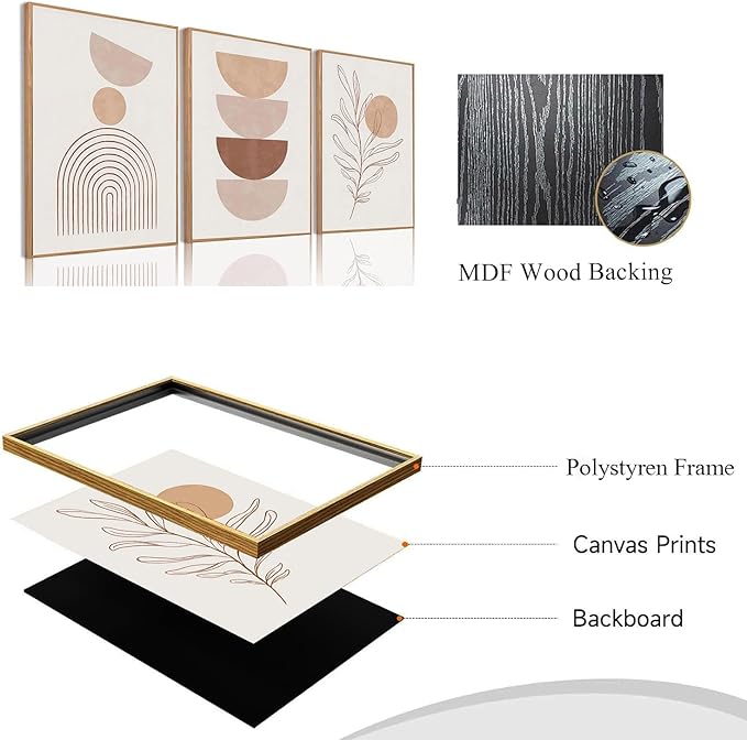 Bwodke Framed Boho Canvas Wall Art Large Mid Century Modern Prints Set of 3 Neutral Geometric Line Leaf Paintings Decor Minimalist Abstract Pictures Bedroom Living Room Bathroom