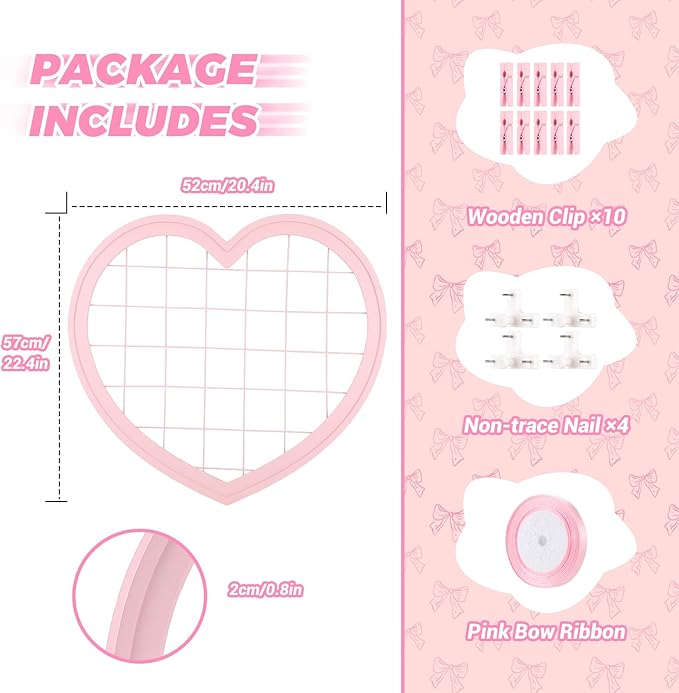 Pink Preppy Coquette Room Decor, Heart Shape Wire Wall Grid Panel for Photo Display Board and Wall Storage Organizer, Wall Decor for Teen Girls and Women Home Bedroom Living Room and Dorm