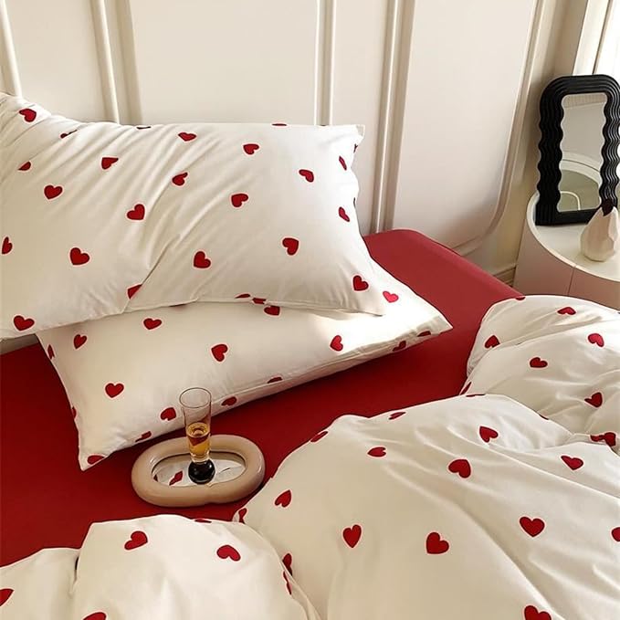 Heart Comforter Set Queen Size - 3 Pieces Red White Heart Comforter Bedding Sets for Girls Kids,Queen Bed in a Bag with Heart Love Comforter and 2 Pillowcases