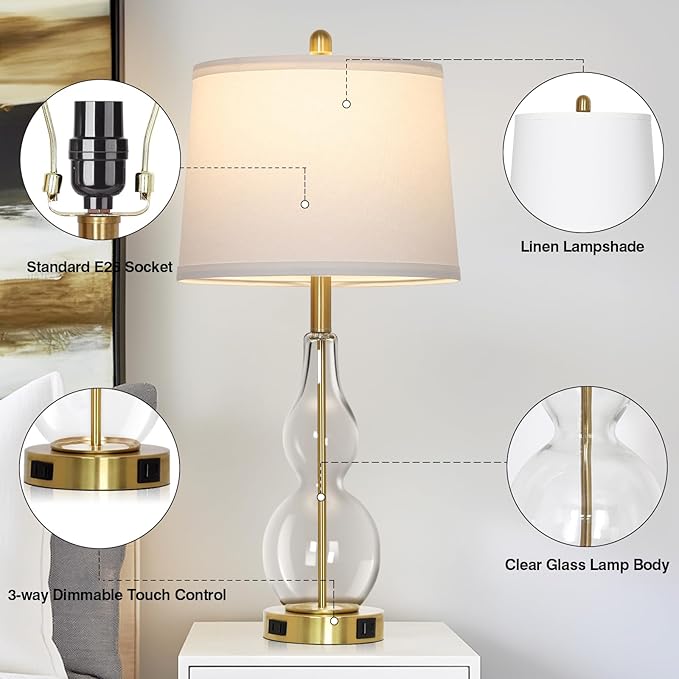 27.5" Clear Glass Table Lamp Set of 2,3-Way Dimmable Touch Control Bedside Lamps with USB Ports and AC Outlet, Modern Nightstand Lamps Gold lamp for Bedroom Living Room