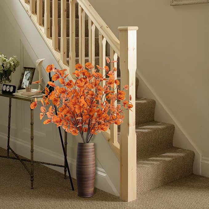 12pcs Artificial Fall Eucalyptus Leaves Stems Fall Decorations Silk Fake Eucalyptus Branches Fall Leaves for Vase Boquets Autumn Home Wedding Table Thanksgiving Decor Orange