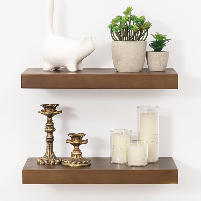 Marsmiles Floating Shelves for Wall - Small Wood Floating Shelves Set of 2-16 Inch Wide x 7.7 Inch Deep x 1.6 Inch Thick Dark Wood Shelves for Room Wall