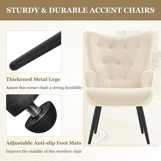 Furnimart Faux Fur White Accent Chair Mid Century Modern Living Room Chairs; Comfy Armchair Leisure Vanity Guest Wingback Chair for Office Study Vanity Bedroom Waiting Room White