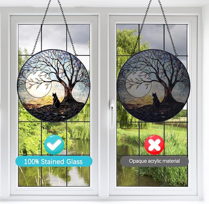 Cat with Tree of Life Suncatcher Stained Glass Window Hanging - 8” Stained Glass Suncatchers for Windows - Sun Catchers Indoor Window Catcher with Hooks and Chain - Birthday Gifts for Mom Grandma