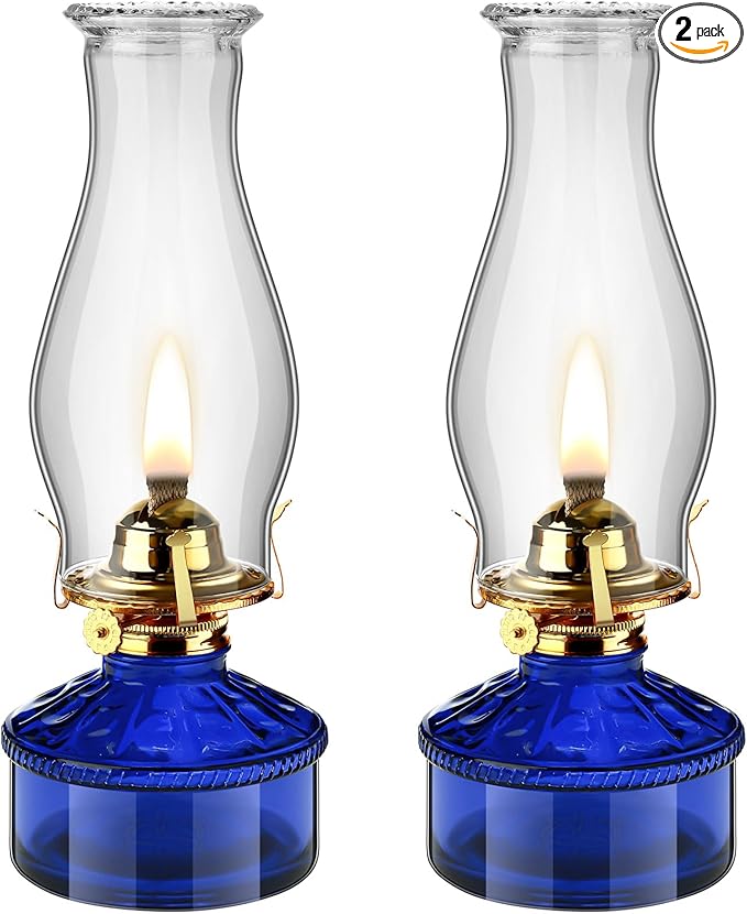 Tuanse 2 Pcs Oil Lamps for Indoor Use Vintage Hurricane Emergency Glass Oil Lamps Large Lantern Classic Decorative Oil Lamp for Home Tabletop Emergency Lighting Supplies(Royal Blue)