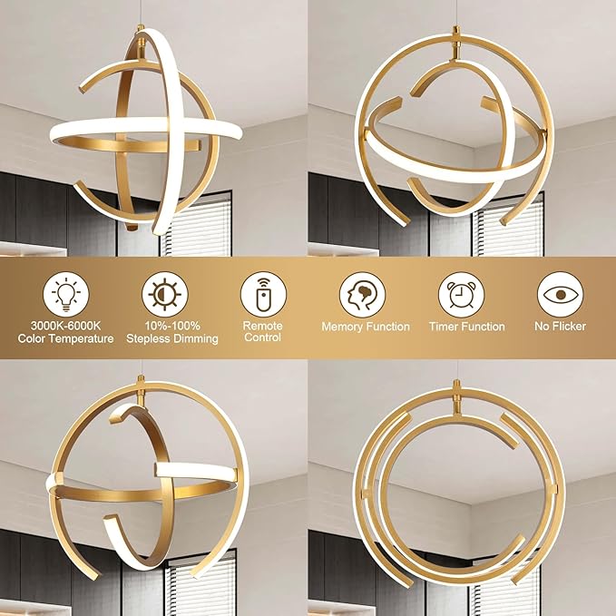 Modern Gold Dimmable LED Chandelier, 13 Inch Brushed Metal Globe Pendant Lights, Hanging Ceiling Light Fixture for Kitchen Island Living Room Room Dining Bedroom Hallway Entryway Foyer (3-Pack)