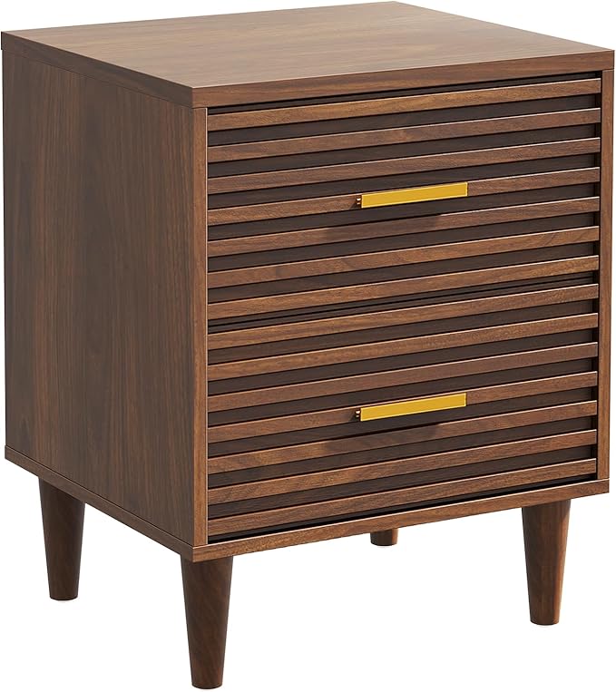 Alohappy Nightstands Set of 2, Mid Century Modern Night Stands, Fluted Bedside Table for Bedroom, Side End Table with Storage Drawers, Vintage Wood Accent Table for Living Room, Brown 2pcs