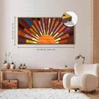 IARTTOP Extra Large Boho Sun Wood Wall Art for Living Room Wooden 3D Framed Abstract Sun Rising on the Horizon Geometric Wall Decor Mid century Sunshine Artwork Home Bedroom Office20 * 40 Inch