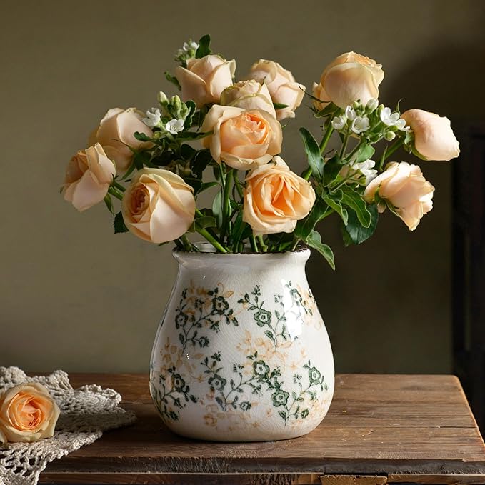 Vintage Flower Vase, Chinoiserie Floral Ceramic Vase for Home Decor, Green and White Decorative Vases for Centerpiece Table Decorations, Vases for Living Room Kitchen Entryway Mantle Shelf Decor Vase