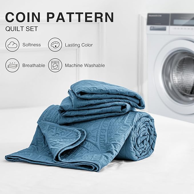 Love's cabin King Size Quilt Bedding Set Misty Blue Bedspreads - Bed Lightweight Bedspread Comforter - Coin Pattern Bedding Coverlet for All Season - 3 Pieces (1 Quilt, 2 Pillow Shams)