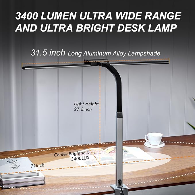 G Keni 3400 Lumen Architect Desk Lamp with Clock for Home Office, 31.5″W x 27″H, Ultra Bright Auto-Fill Brightness Desk Lamps with Timer, Gooseneck Touch LED Light for Work/Study/Read (Clamp)