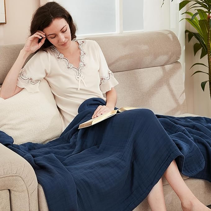 EMME Cotton Muslin Blanket King Size - Soft, Breathable Layering Blanket, 108"x90", All Season Gauze, Navy