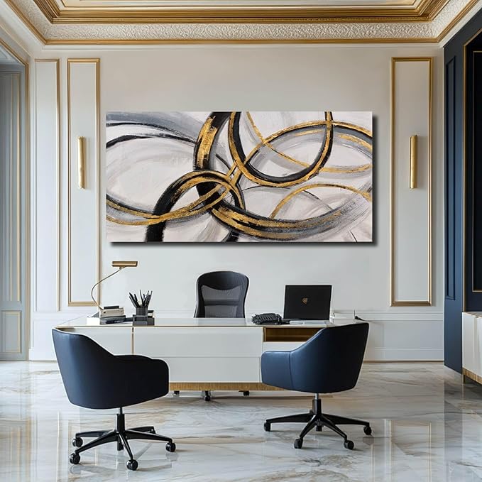 SOUGUAN Living Room Decor for Wall Abstract Wall Art 30x60in Black and Gold Wall Art Round Ring Wall Decoration for Bedroom Dining Room Home Office Ready to Hang