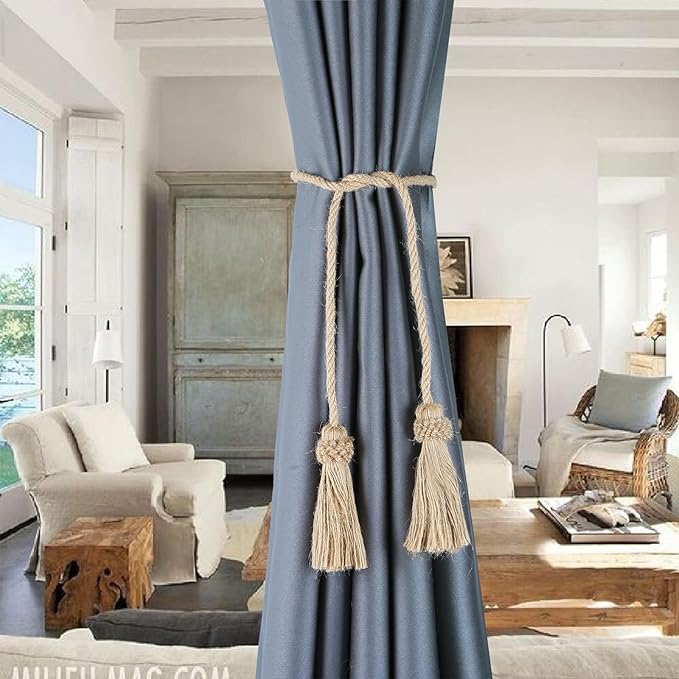 Fenghuangwu Curtain Tiebacks Handmade Decorative Curtain Holdbacks Rope with Tassel (Jute, 4P)
