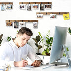 6 Wooden Wall Hanging Photo Frames With 27 Clips, Decorative Collage Picture Frame, No Drilling Required, Adhesive Stickers, Easy to Install, Carbonized Brown