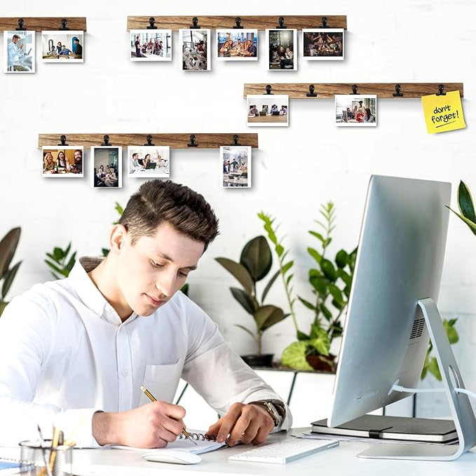 6 Wooden Wall Hanging Photo Frames With 27 Clips, Decorative Collage Picture Frame, No Drilling Required, Adhesive Stickers, Easy to Install, Carbonized Brown