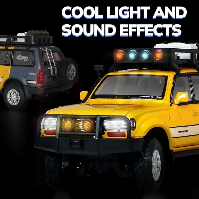 Toy Cars for Boys Diecast Cars 1 24 Scale Compatible with Land Cruiser LC80 Car Model Collectible,Pull Back Toy Car with Lights and Sounds,Toy Cars for Boys Age 4-7（Yellow）