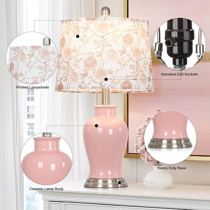Pink Ceramic Table Lamp with Flower Lampshade, 23" Cute Ceramic Bedside Lamp with Ginger Jar Design, Modern Living Room Lamps Set 2, Elegant Bedroom Lamps for Nightstand Desk Side Home Decor