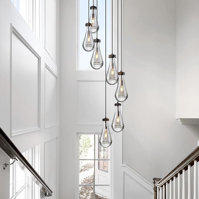 Raindrop Pendant Lights Kitchen Island Teardrop Black Hanging Light Fixtures Clear Solid Glass Pendant Light Modern Chandeliers for Dining Room Porch Corridor Living Room(7-Light)