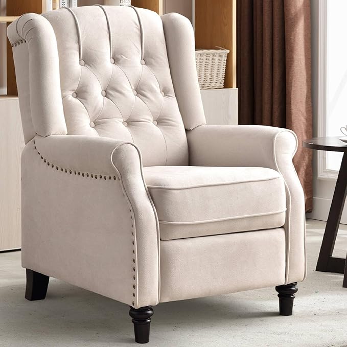 CANMOV Push Back Recliner Chair,Accent Chair,Mid Century Wingback Recliner, Fabric Push Back Recliner Chair Single Armchair Sofa with Rivet Decoration, Button-Tufted Back for Living Room, White