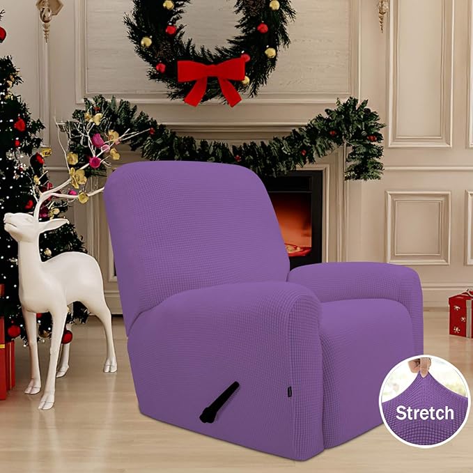 Easy-Going Recliner Stretch Sofa Slipcover Sofa Cover 4-Pieces Furniture Protector Couch Soft with Elastic Bottom SpandexJacquard Fabric Small Checks(Recliner,Purple) Large