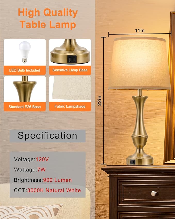 Upgraded Touch Lamps for Night Stands Set of 2 - Bedside Lamps with USB C+A, 3 Way Dimmable for Bedroom Living Room End Tables Office (Oat Shade&Coppery Base)