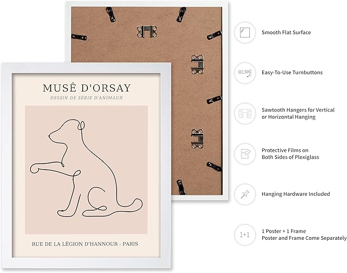 Poster Master Vintage Poster - Retro One Line Dog Drawing Print - Dog Art - Minimal Gift for Men, Women, Animal Lover - Abstract Wall Decor for Home, Office, Bedroom, 11x14 White Framed