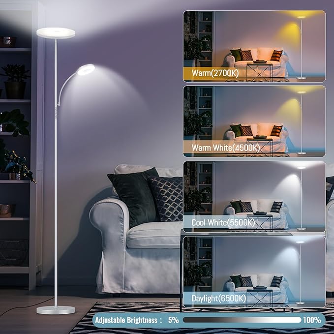 Silver Gray Floor Lamp, 42W 4000LM Super Bright LED Lamp with Reading Light for Living Room Bedroom Office, Dimmable Standing Lamp with Remote & Touch Control