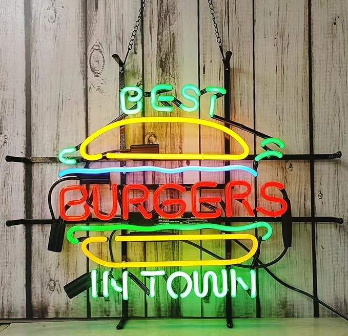 Best Burgers In Town Neon Signs Hamburger Sign Beer Glass Neon Signs for Man Cave Birthday Neon Light Art Wall Lights 24 X 20 Inches