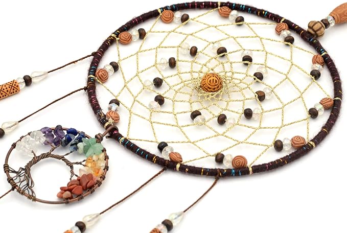 Urdeoms Tree of Life Dream Catchers for Bedroom Adult Brown Boho Dream Catcher Wall Decor for Girls Chakra Crystal Healing Stones Hanging Ornament Room Decoration 18" Length(NO.12)