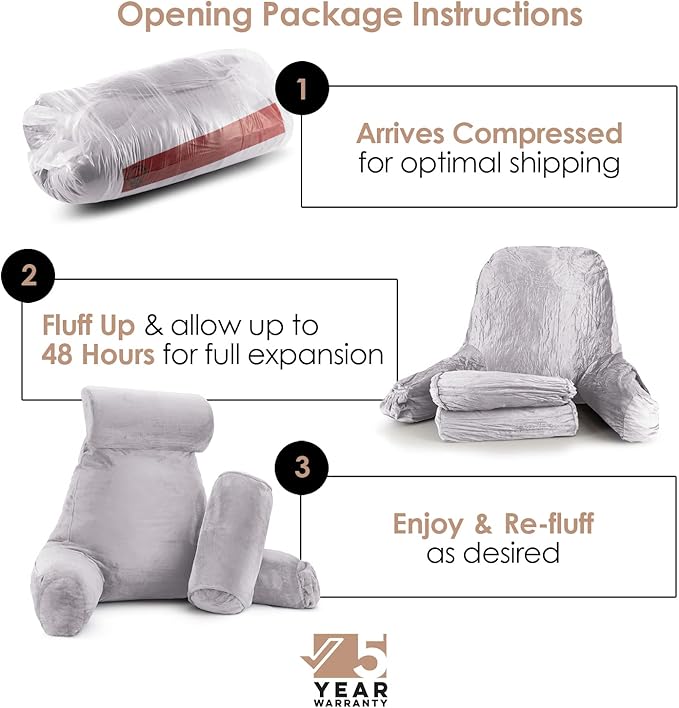 Nestl Reading Pillow Large Bed Pillow, Back Pillow for Sitting in Bed Shredded Memory Foam Chair Pillow, Reading & Bed Rest Pillows Grey Lavender Back Pillow for Bed, Bed Chair Arm Pillow with Pockets