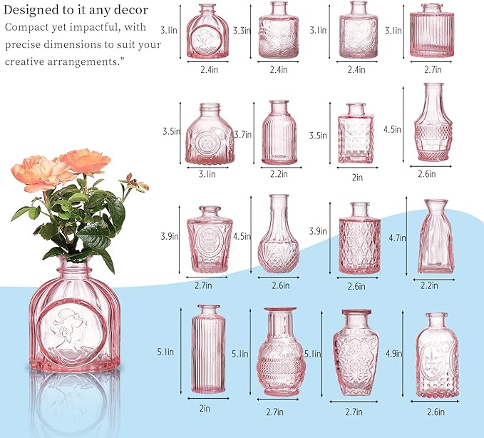 Glass Bud Vases Set of 16 - Pink Assorted Small Mini Glass Vases for Flowers, Crystal Vintage Vase Set, Bulk Centerpieces for Table Décor, Wedding, Home and Events (Pink, 16 Pcs)
