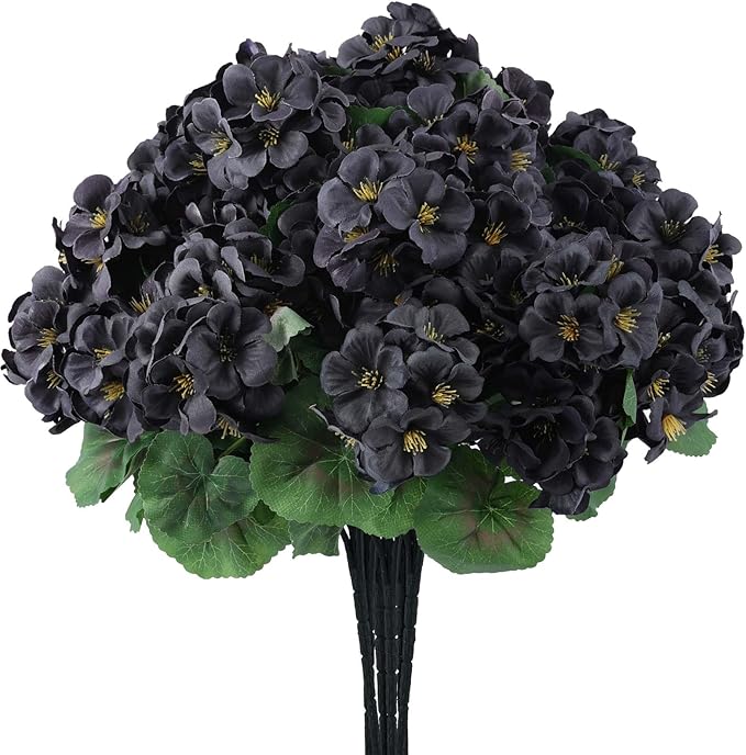 Hananona 6 Pcs Artificial Geranium Flowers for Outdoors Geranium Silk Flowers Outdoor UV Resistant Garden Plants Faux Black Flower for Home Kitchen Halloween Table Centerpieces Decor (6, Black)
