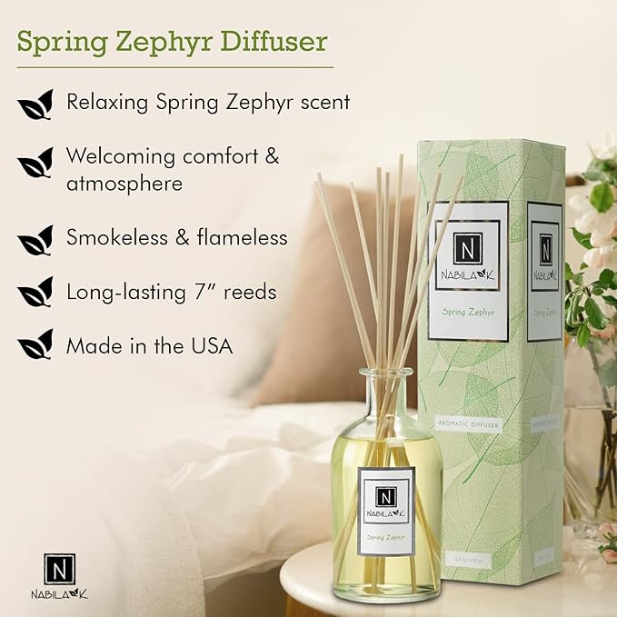 Nabila K Spring Zephyr Reed Diffuser Set – Light & Airy Aromatic Oil for Home – Long-Lasting, Smokeless Scent – Made in USA – Includes Reeds + Bottle – Flameless Candle Alternative