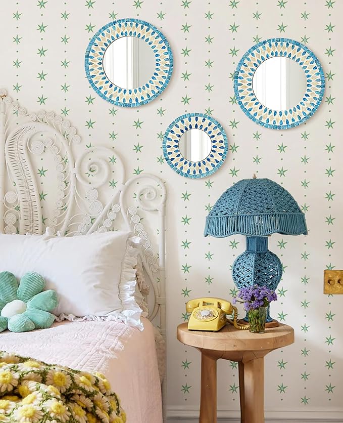 TEIPAI Handmade Mother of Pearl Mirror for Wall Decor, 3PCS Round Decorative Mirrors for Beach Nautical Home Hotel Coffee Shop, Natural Plate Art Hanging Sculpture for Dorm Apartment Entryway (Blue)