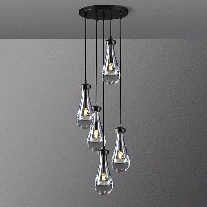 Raindrop 5 Light Cluster Pendant Lights, Black High Ceiling Chandeliers Adjustable, Living Room Pendant Light, Foyer Chandeliers, Stairwell Pendant Lighting, Bedroom Chandelier,E12 including bulb