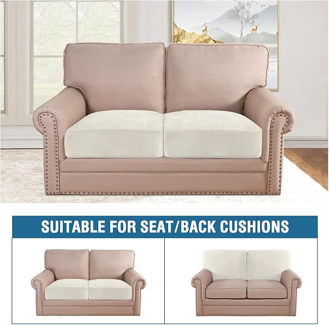 H.VERSAILTEX Velvet Stretch Couch Cushion Cover Plush Cushion Slipcover for Chair Loveseat Sofa Cushion Furniture Protector Seat Cushion Sofa Cover (2 Piece Medium Sofa Cushion Covers, Porcelain)