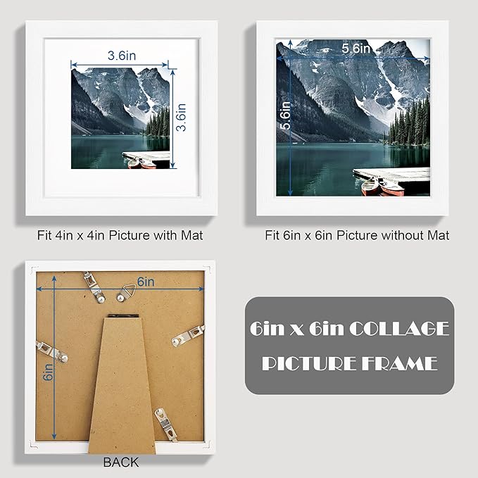 6x6 White Picture Frames set of 3, Made of Wooden and Real Glass Square Photo frame - Displays 4x4 Picture With Mat or 6 x 6 Without Mat, Desktop & Wall Collage Frame set