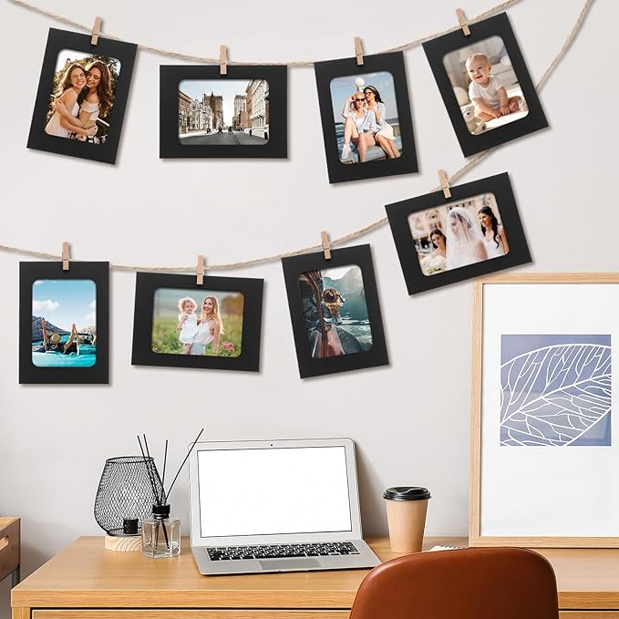 Janlaugh 100 Pcs Paper Photo Frames 4x6 Black Picture Frame with 100 Clip 10 String Kit DIY Hanging Cardboard Photo Holder Back to School Wall Decor Wedding Home