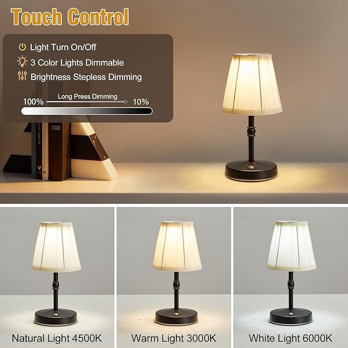 LED Cordless Mini Lamp 5W,3000 mah Battery Operated Lamps,3 Color Temperature Dimmable Table Light,Small Rechargeable Lamp,Kitchen Lamps countertop,Restaurant (Black,2pack)