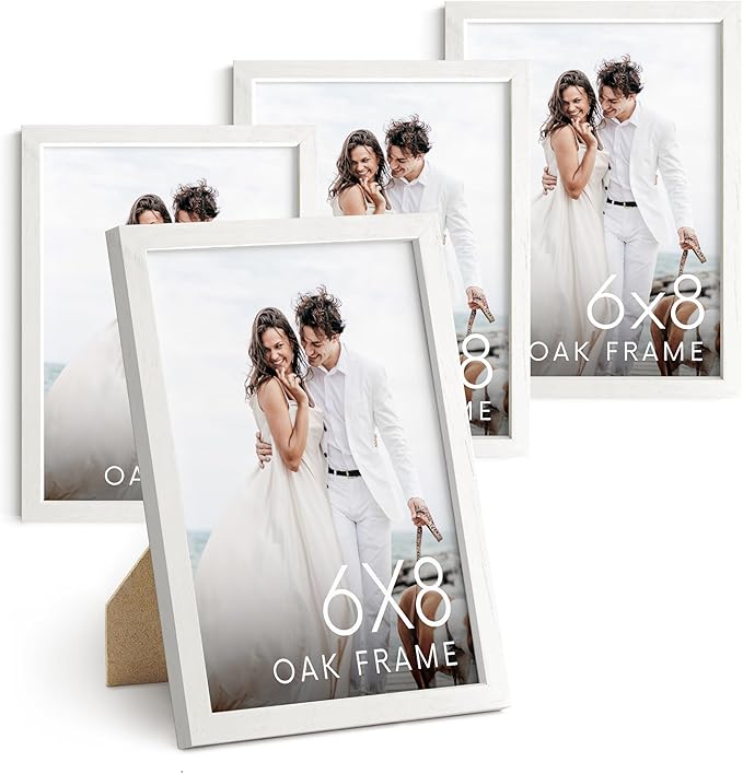 HAUS AND HUES 6x8 White Oak Wooden Picture Frame - Set of 4 6x8 Poster Frame - Premium Oak, Vertical Hang, Shatterproof Plexiglass - Ideal for Home, Room, Office (6x8-inch, White, Set of 4)