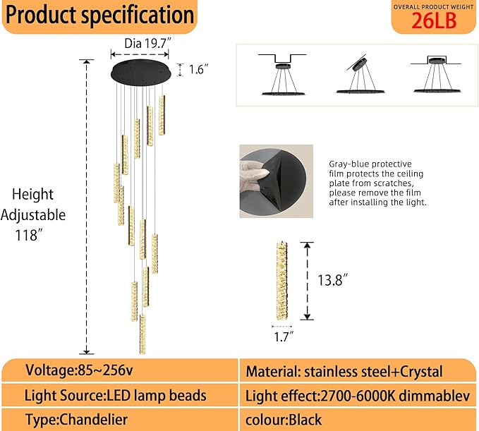 Long Spiral Crystal Chandelier Lighting for Foyer 12-Light Black Staircase Chandelier High Ceiling Slopped LED Dimmable 2700K-6000K