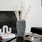 Briful Rustic Terracotta Flower Vase for Home Decor 12" Blue Farmhouse Textured Barrel-Style Ceramic Vase Vintage Handcrafted Gridded Design for Faux & Dried Flowers Living Room Table Centerpiece