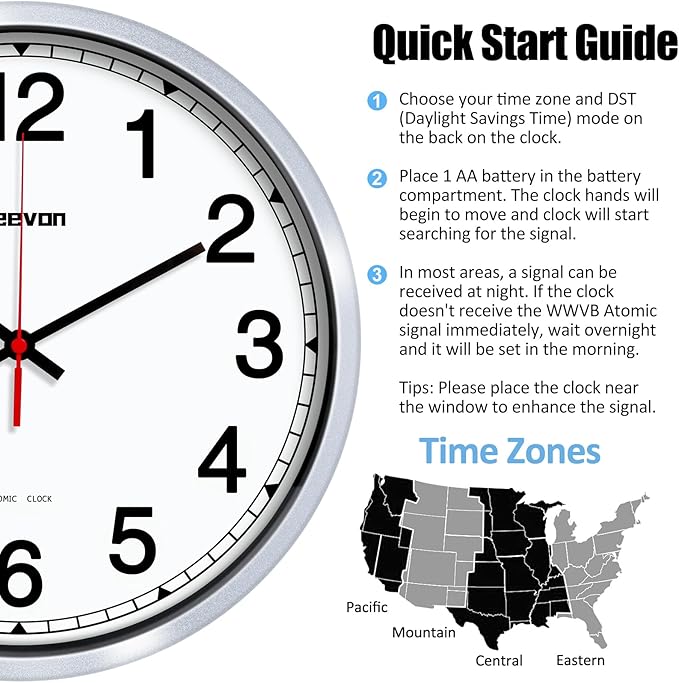 Geevon 12 Inch Atomic Wall Clock - Self-Setting Analog Clock with Automatic Time Sync - Battery Operated for Home Office School - Silver Frame