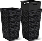 Worth Garden 2-Pack 22" H. Black Square Tapered Planter with Inside Pots - Plastic Plant Pots for Indoor Outdoor - Modern Wavy Finish Decorative Flower Pots for Front Porch Containers Patio Deck