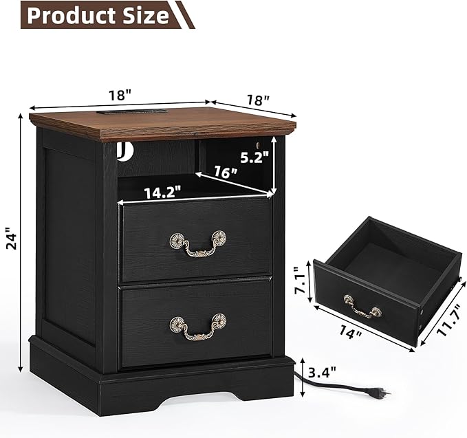 Farmhouse Nightstands with Charging Station，18" End Table with 2 Drawers，Farmhouse Nightstand with Vintage Handles, Bedside Cabinet for Bedroom for Bedroom, Living Room,Black