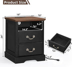 2PCS Farmhouse Nightstands with Charging Station，18" End Table with 2 Drawers，Farmhouse Nightstand with Vintage Handles, Bedside Cabinet for Bedroom for Bedroom, Living Room,Black