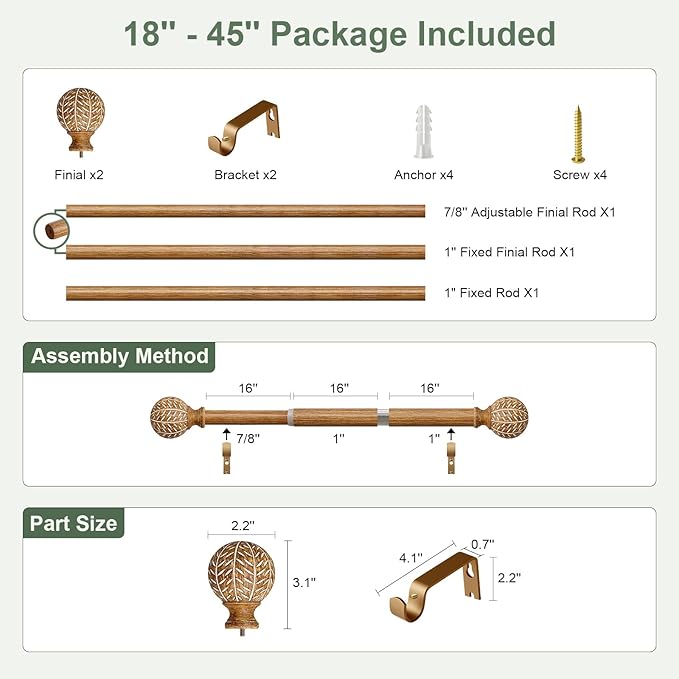 Wood Curtain Rods for Windows,1'' Diameter Drapery Rods with Imitation Wood Grain Leaf Pattern Finials,Boho Adjustable Heavy Duty Curtain Rods Set,18-45'',Color:Natural Wood